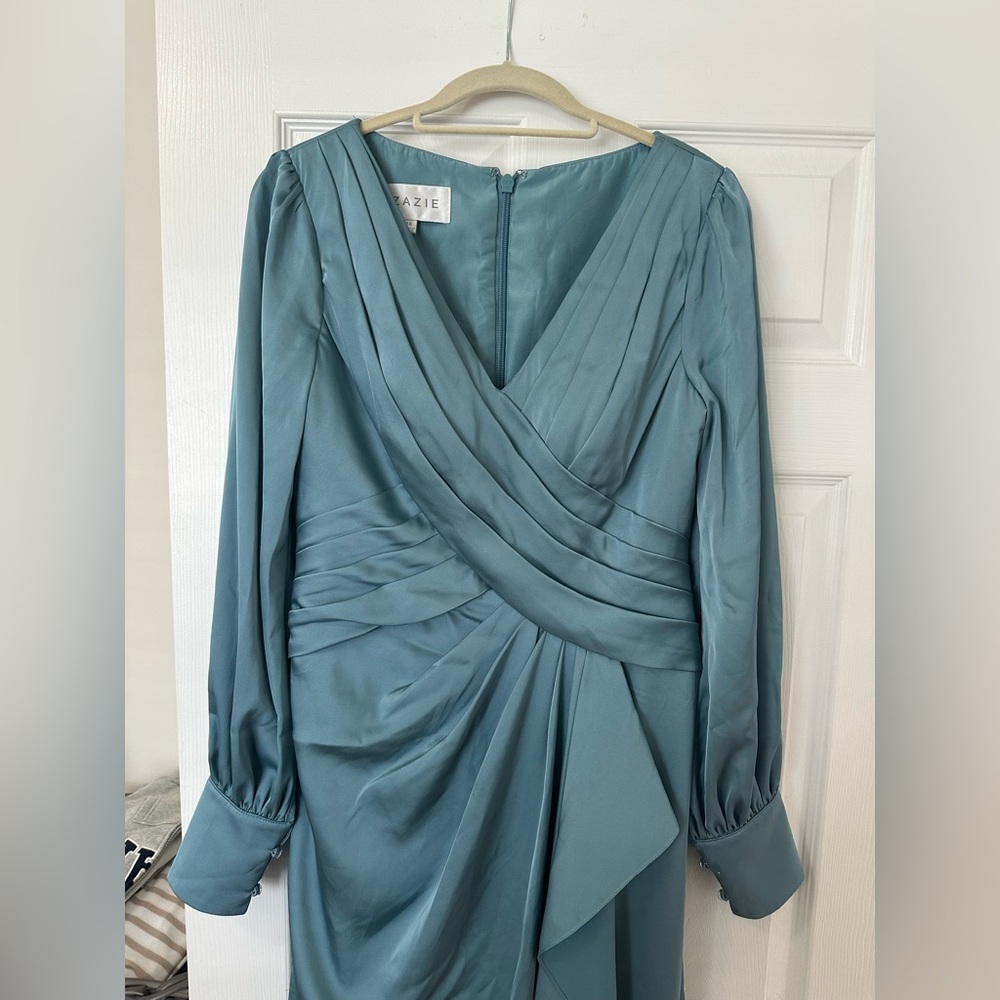 Azazie Blue Long Sleeve Draped Dress
